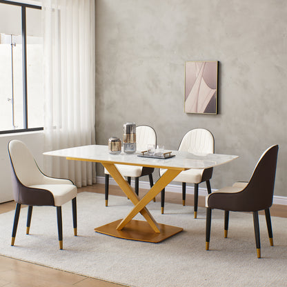 Sintered stone dinning table with 6 pcs Chairs ,Carrara white color , Modern Dinning table with solid Gold Carbon Stell base 63"