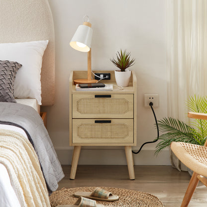 JHX Rattan nightstand with socket side table natural handmade rattan（2PC,Natural ,15.55’’W*13.78’’D*23.82’’H）