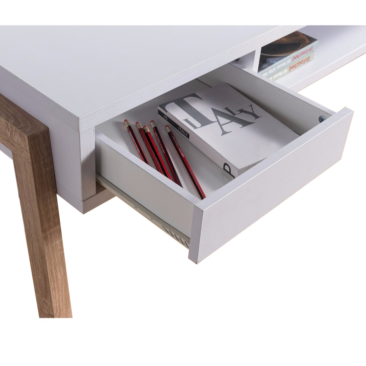 Contemporary Style Desk With Open Storage Shelf, White and brown