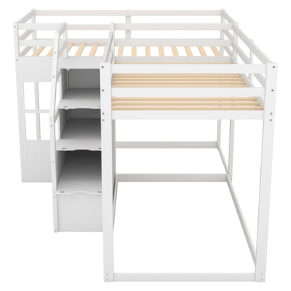 Twin over Twin L-Shaped Bunk Bed with Built-in Middle Staircase,White