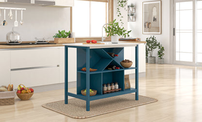 TOPMAX Farmhouse Wood Stationary Counter Height Kitchen Island Dining Table with  Shelves and Wine Rack for Small Places,Blue Frame+White Top