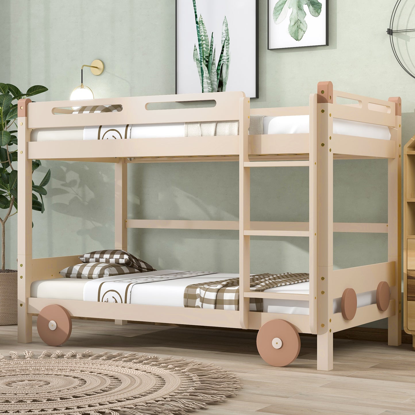 Twin Size Car-Shaped Convertible Bunk Bed, White, Natural+Brown