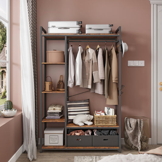 JHX Organized Garment Rack with Storage, Free-Standing Closet System with Open Shelves and Hanging Rod(Rustic Brown,43.7’’w x 15.75’’d x 70.08’’h).