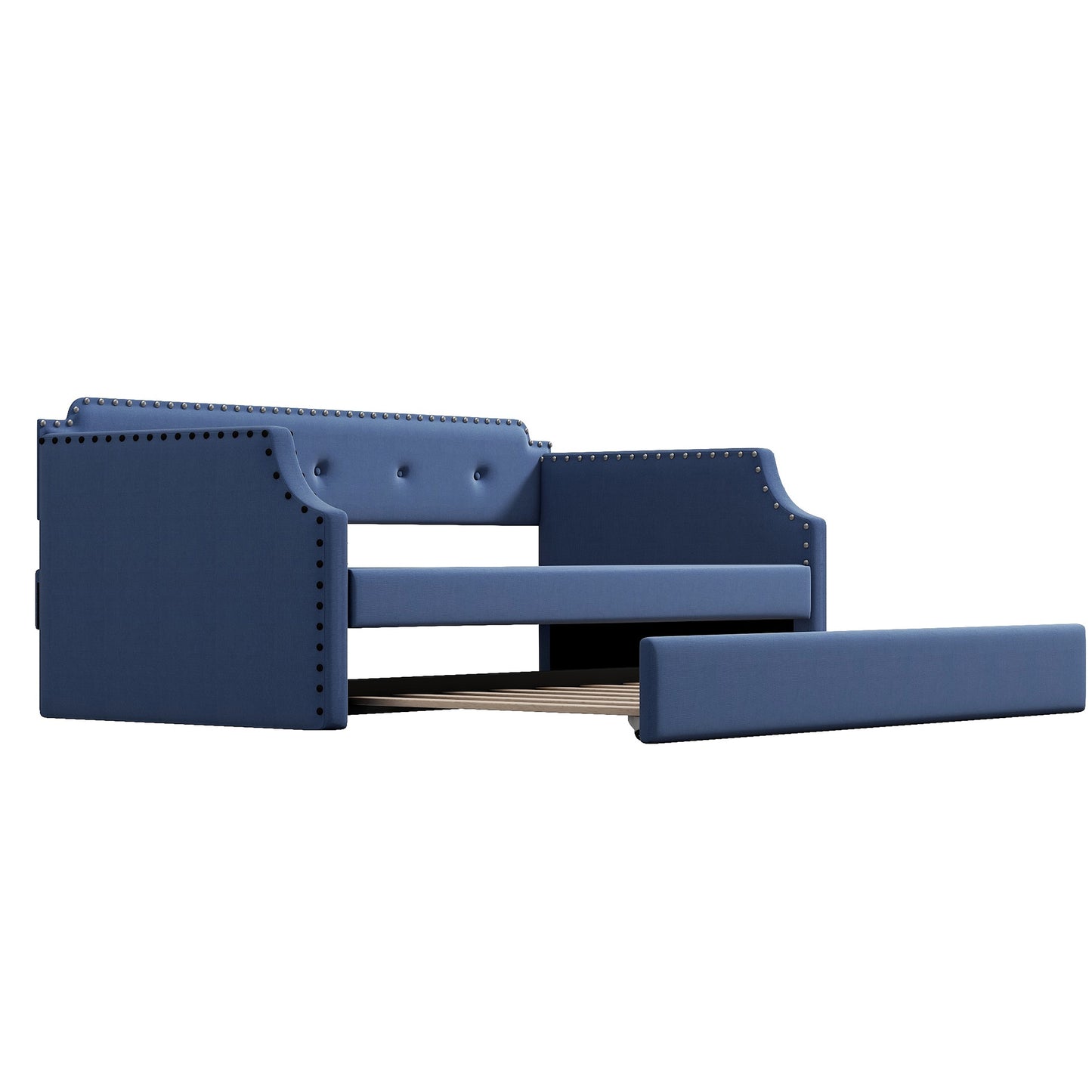 Upholstered Daybed with Trundle, Wood Slat Support,Upholstered Frame Sofa Bed , Twin,Blue