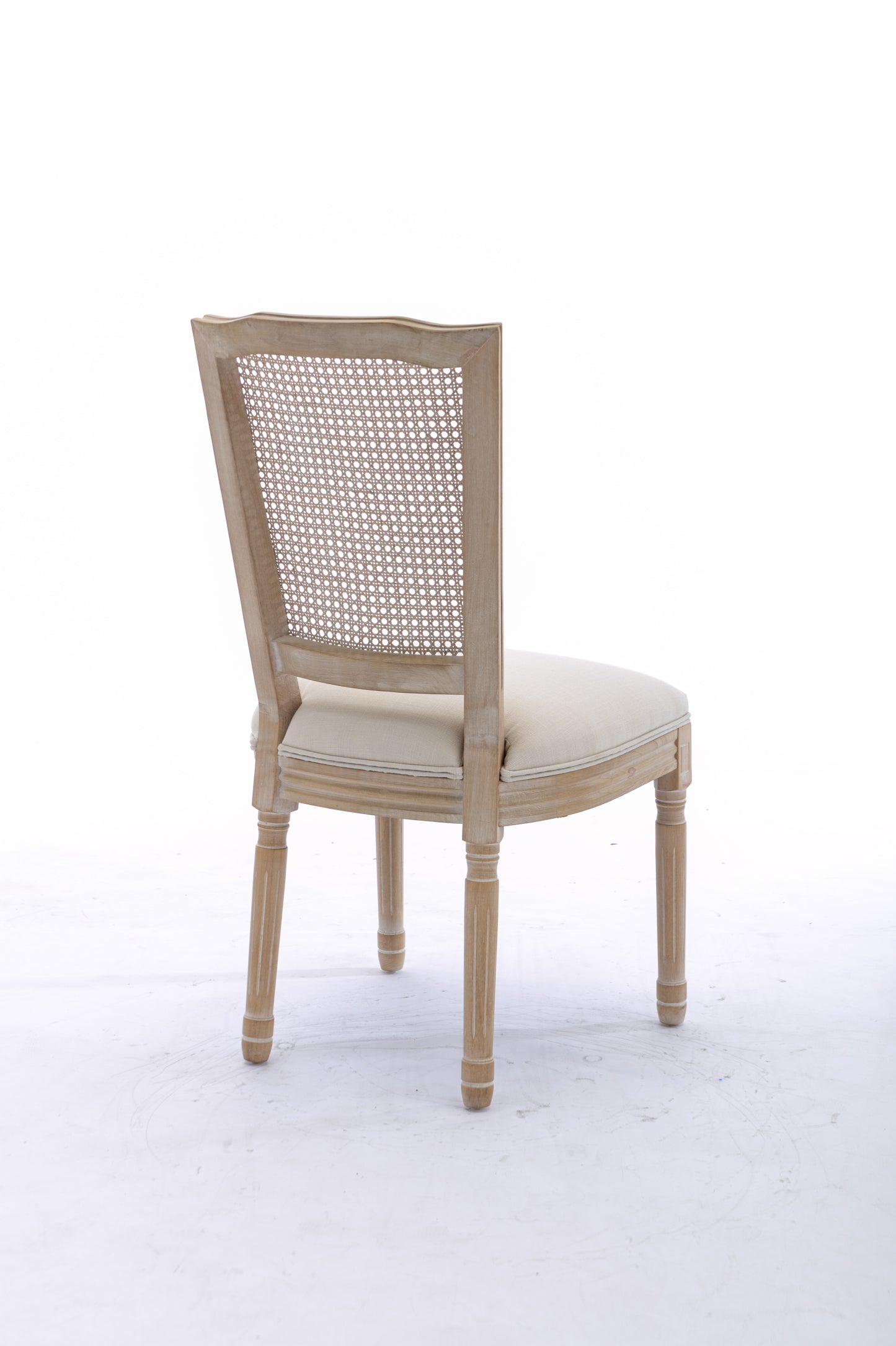 French Style Solid Wood Frame Antique Painting Linen Fabric Square Rattan Back Dining Chair,Set of 2,Cream