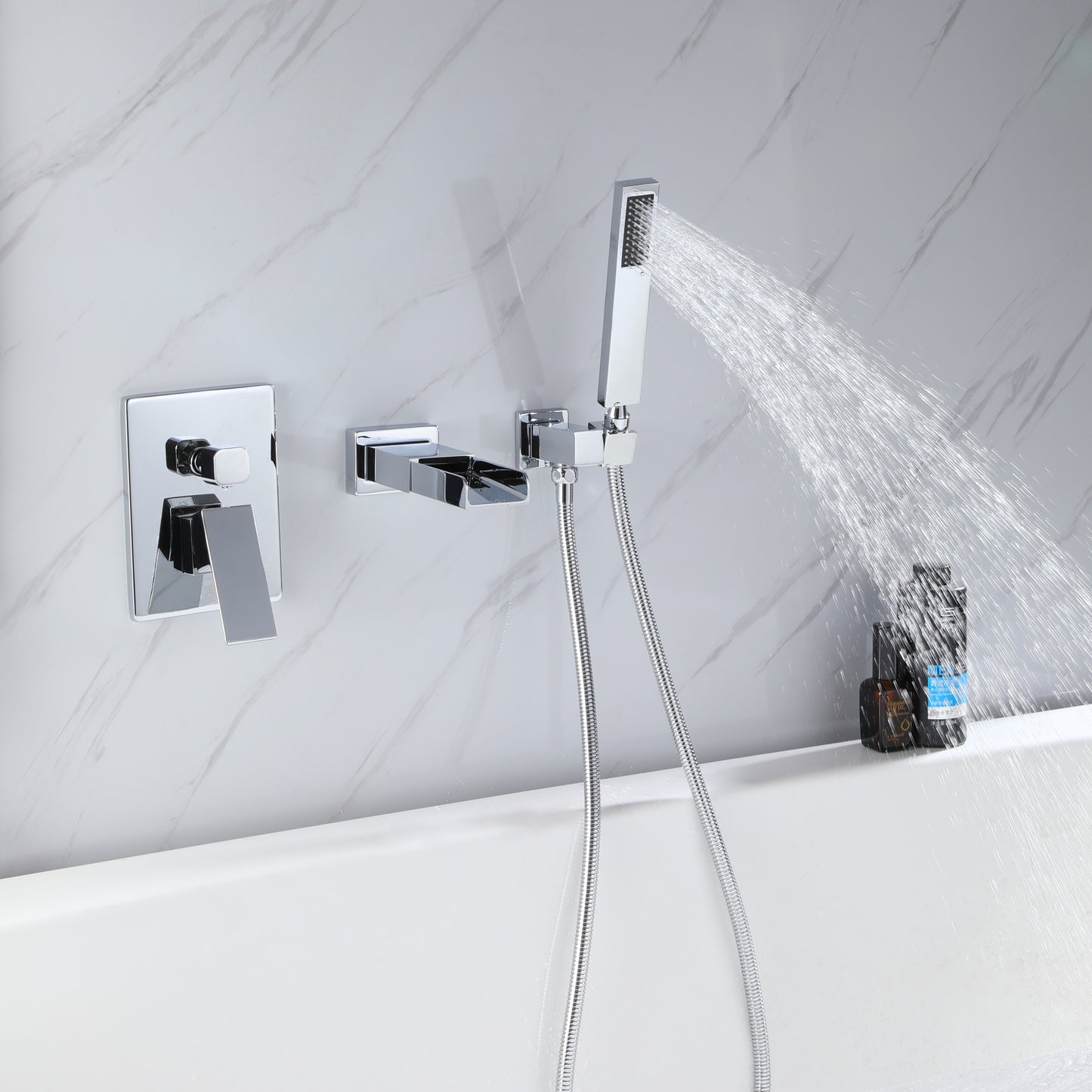 TrustMade Pressure-Balance Waterfall Single Handle Wall Mount Tub Faucet with Hand Shower, Chrome - 2W01