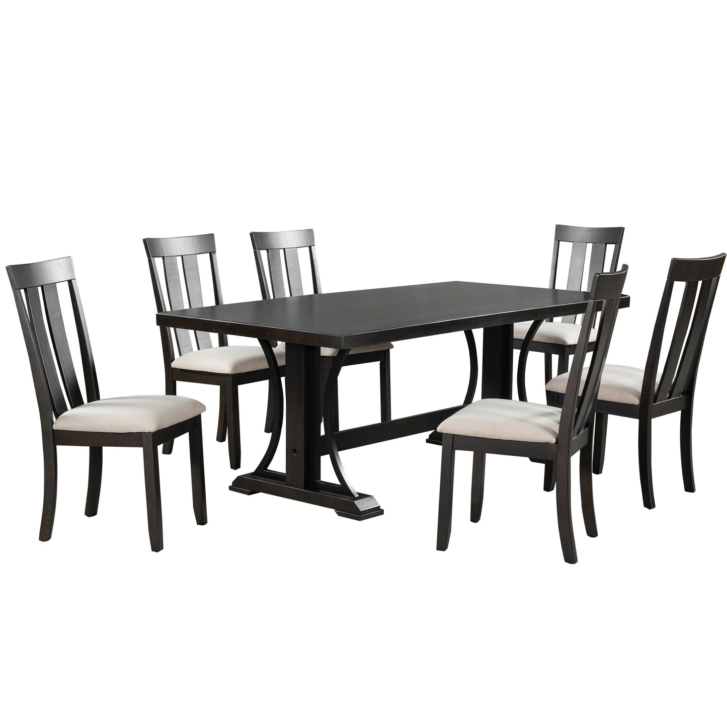 TREXM 7-Piece Retro Style Dining Table Set 78" Wood Rectangular Table and 6 Dining Chairs for Dining Room (Espresso)