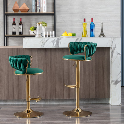 Set of 2  Bar Stools,with Chrome Footrest and Base Swivel Height Adjustable Mechanical Lifting Velvet + Golden Leg Simple Bar Stool-Green