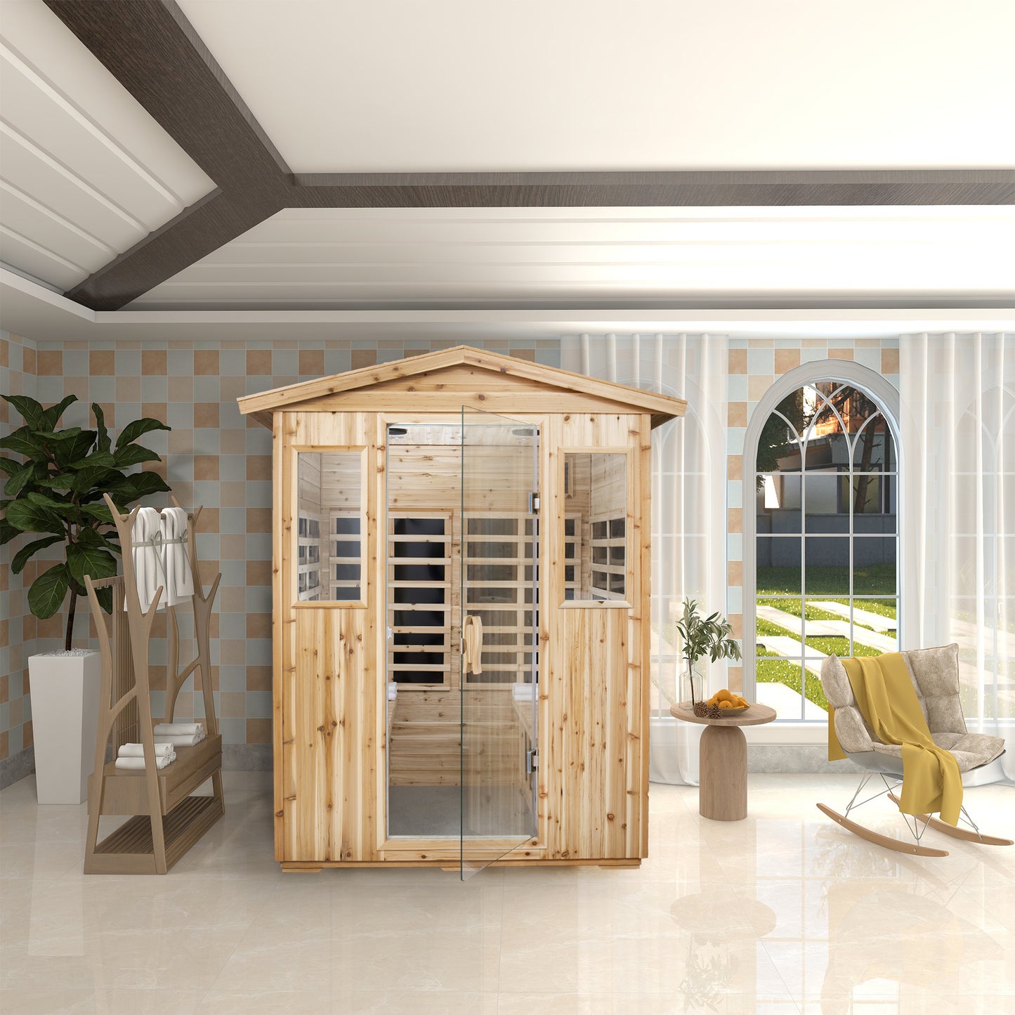 Outdoor Sauna for 4 Person,applicable indoors and outdoors. Far Infrared Sauna 8 Low EMF Heaters, Wooden Sauna Room 2050 Watt, Old Chinese fir, Chromotherapy, Bluetooth Speaker, LCD, LED.