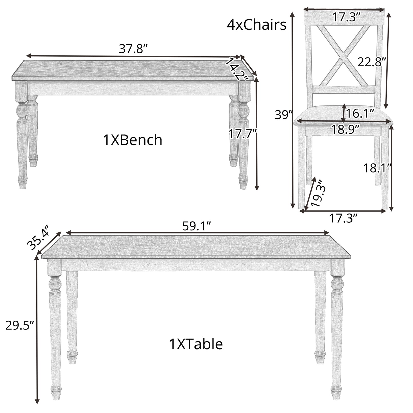 TOPMAX 6 Piece Dining Table set with Bench,Wooden Kitchen Table Set w/ 4 Padded Dining Chairs,Blue