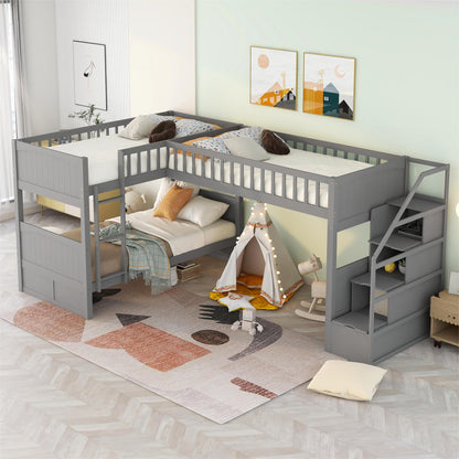 Twin over Twin Wooden L-Shaped Bunk Bed with Ladder and Stairway,Grey(OLD SKU:SM000303AAE-1)