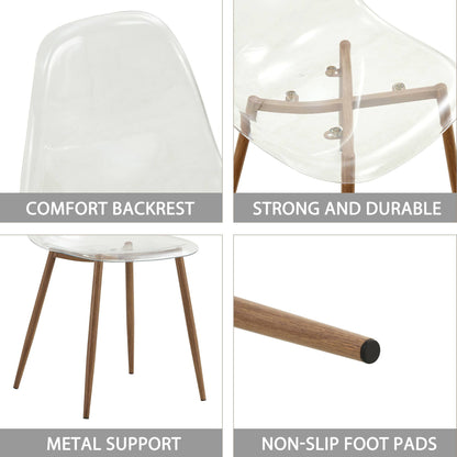 Modern simple transparent dining chair plastic chair armless crystal chair Nordic creative makeup stool negotiation chair Set of 4 and wood color metal leg