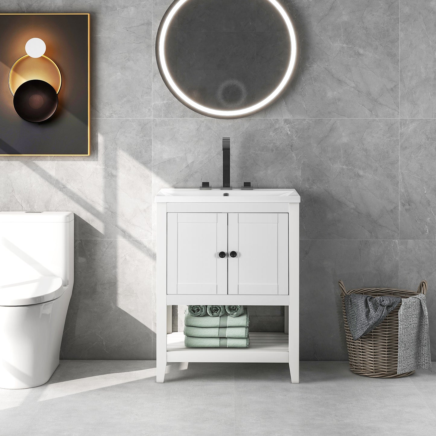 [VIDEO] 24" White Modern Sleek Bathroom Vanity Elegant Ceramic Sink with Solid Wood Frame Open Style Shelf (OLD SKU: JL000001AAK)