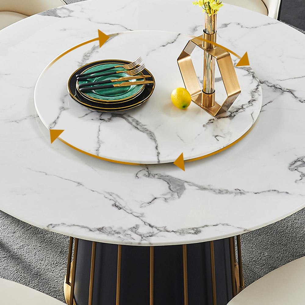 Modern White Round Marble Tabletop Dining Table with Lazy Susan, Black and Gold Leg, Dining Room Table for 6-8, 51"