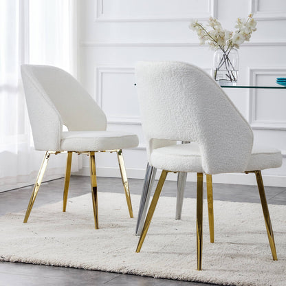 Modern Dining Chairs,Teddy Velvet Accent Chair, Living Room Leisure Chairs, Upholstered Side Chair with Golden Metal Legs for Dining Room Kitchen Vanity Patio Club Guest (Set of 2) （White  Chairs）