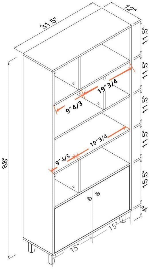 68" Bookcase with 2 Doors, Bookshelf,  Black