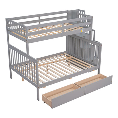 Twin Over Full Bunk Bed with 2 Drawers and Staircases, Convertible into 2 Beds, the Bunk Bed with Staircase and Safety Rails for Kids, Teens, Adults, Grey