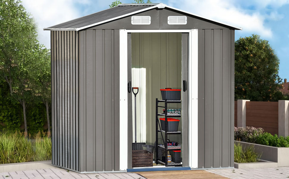 TOPMAX Patio 6ft x4ft Bike Shed Garden Shed, Metal Storage Shed with Lockable Door, Tool Cabinet with Vents and Foundation for Backyard, Lawn, Garden, Gray