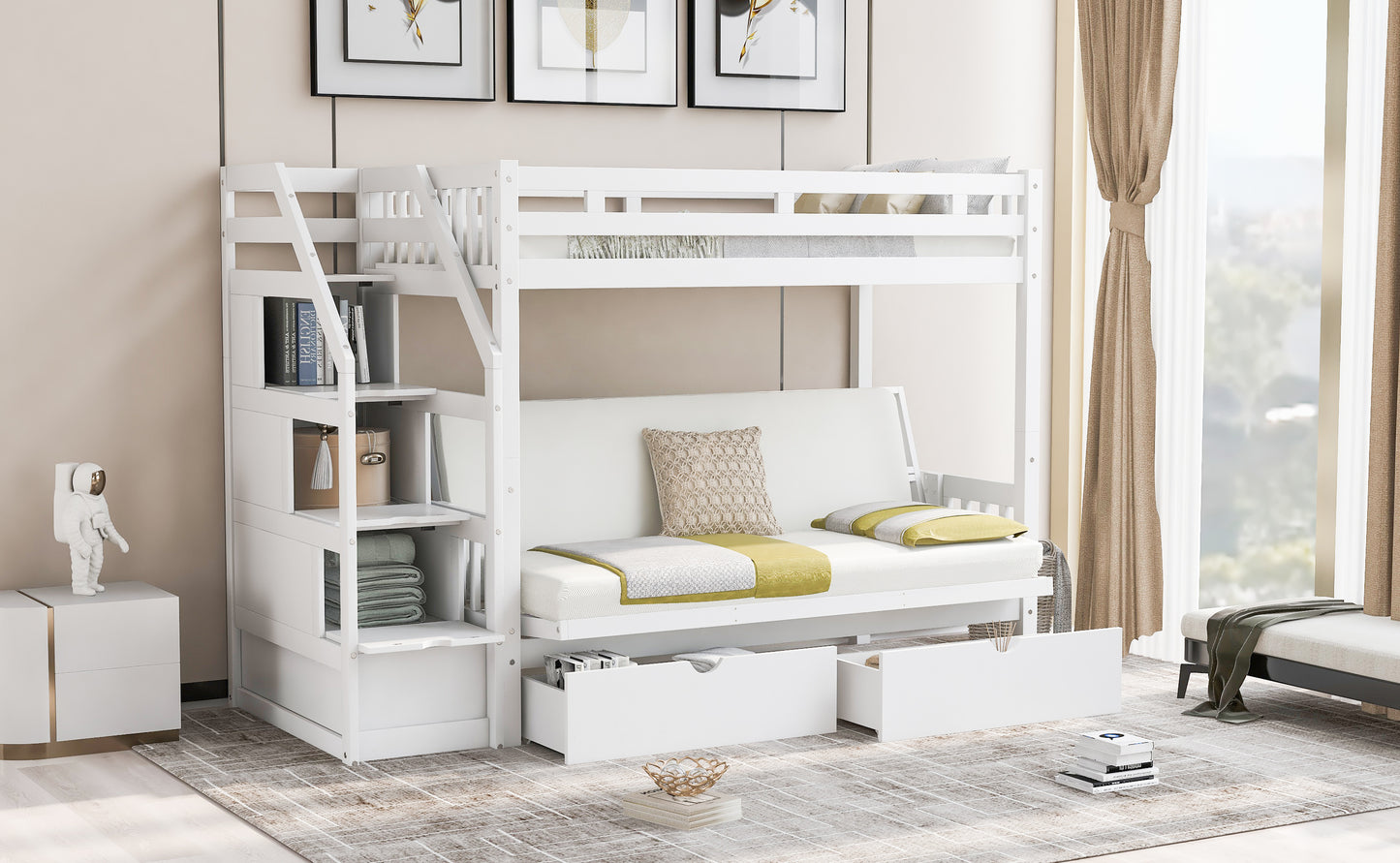 Twin over Full Bunk Bed with Two Drawers and Staircase, Down Bed can be Converted into Daybed,White