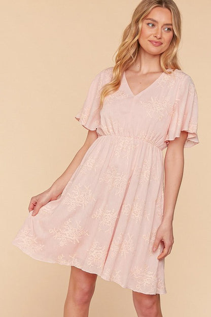 CRINKLE EMBROIDERED FLARE WOVEN DRESS