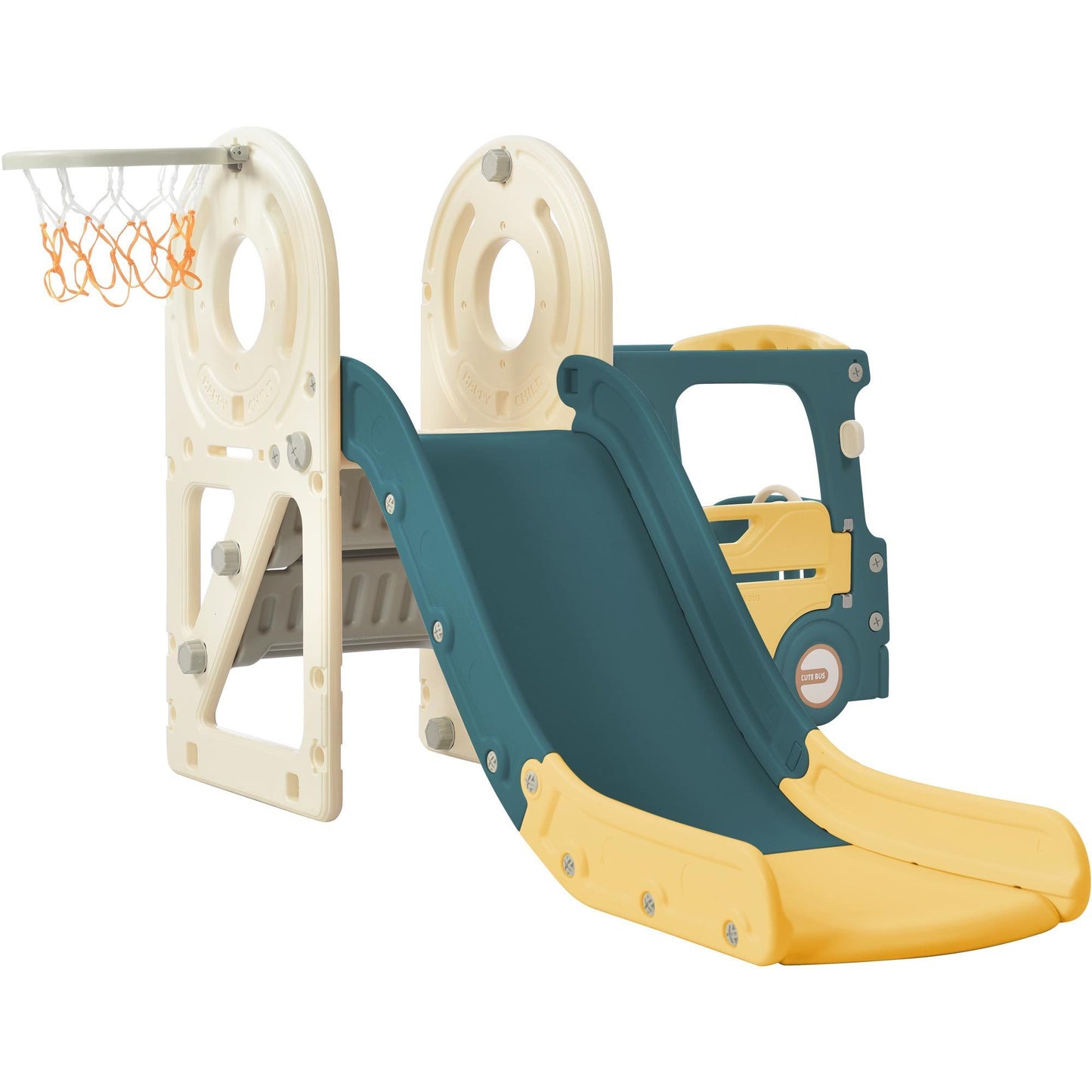 Kids Slide with Bus Play Structure, Freestanding Bus Toy with Slide for Toddlers, Bus Slide Set with Basketball Hoop