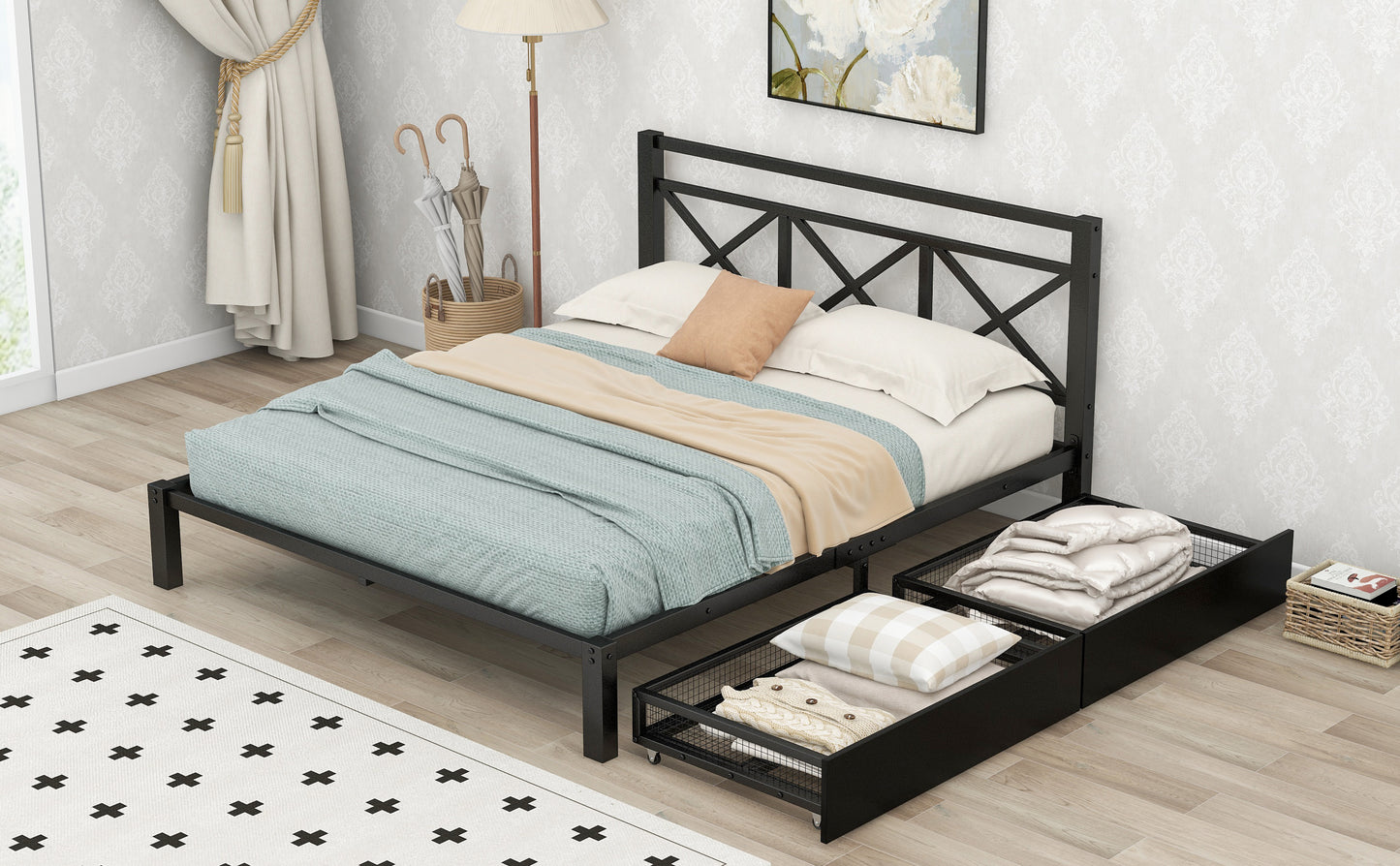 Metal Platform Bed with 2 Drawers, Full (Black)