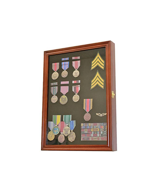 Walnut Finish Display Case Wall Frame Cabinet for Military Medals, Pins, Patches, Insignia, Ribbons, Brooches. by The Military Gift Store