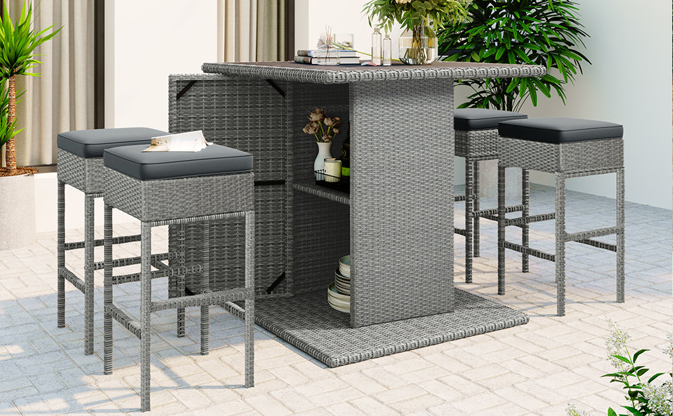 TOPMAX Patio 5-Piece Rattan Dining Table Set, PE Wicker Square Kitchen Table Set with Storage Shelf and 4 Padded Stools for Poolside, Garden, Gray Wicker+Dark Gray Cushion