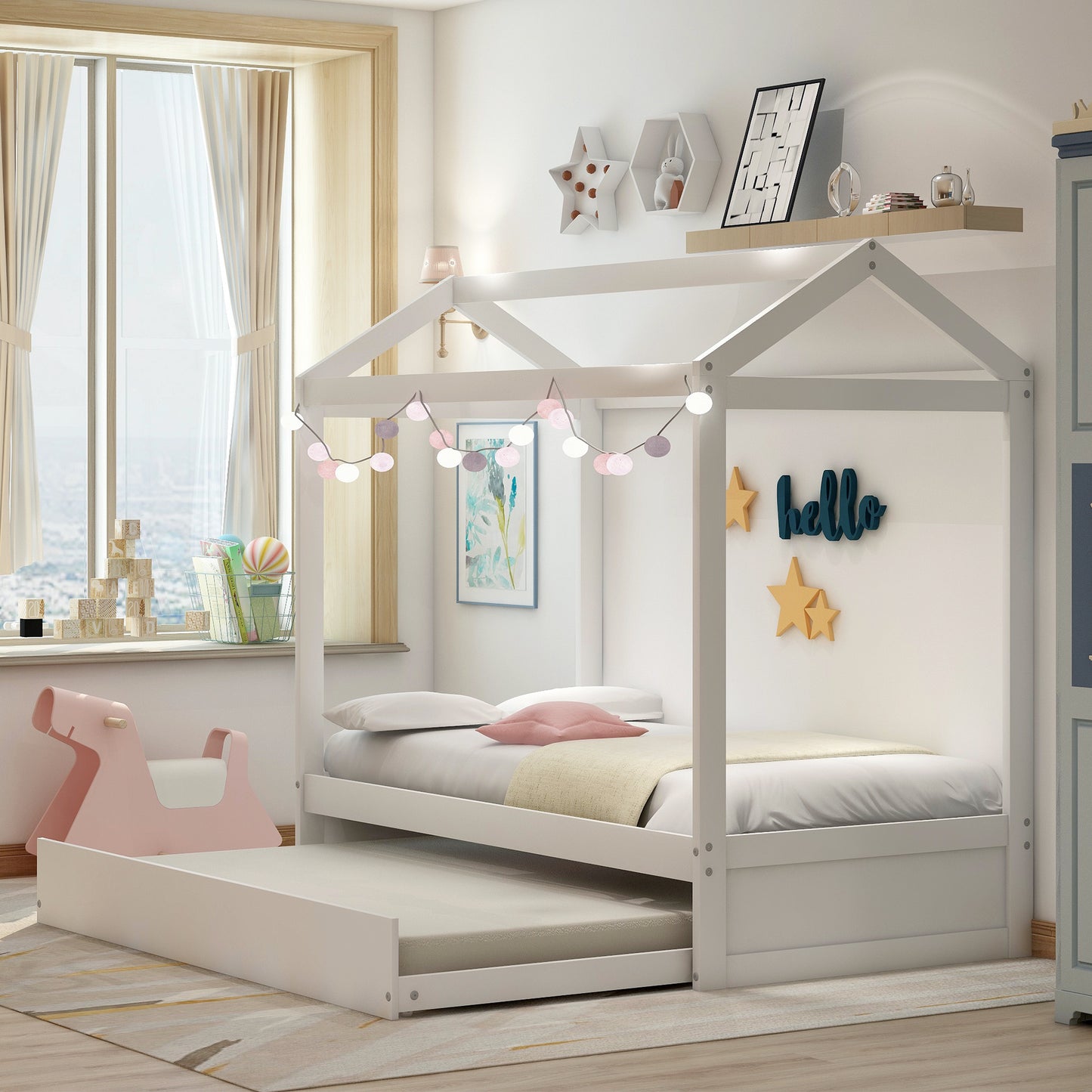 House Bed with Trundle, can be Decorated,White(Old SKU:SM000103AAK)