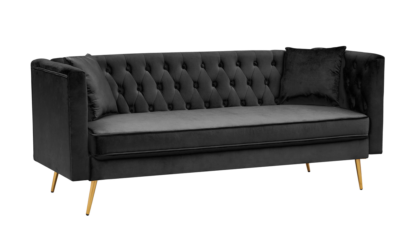 Modern Flat Armrest Living Room Sofa Black Three Seat Sofa With Two Throw Pillows