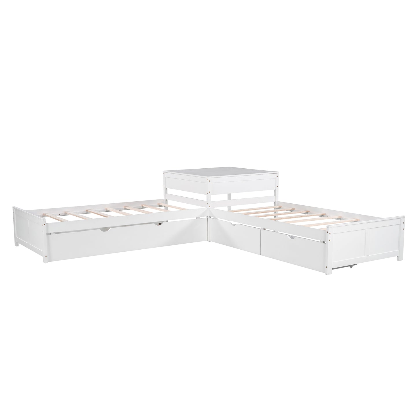 L-shaped Platform Bed with Trundle and Drawers Linked with built-in Desk,Twin,White
