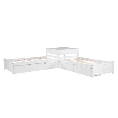 L-shaped Platform Bed with Trundle and Drawers Linked with built-in Desk,Twin,White