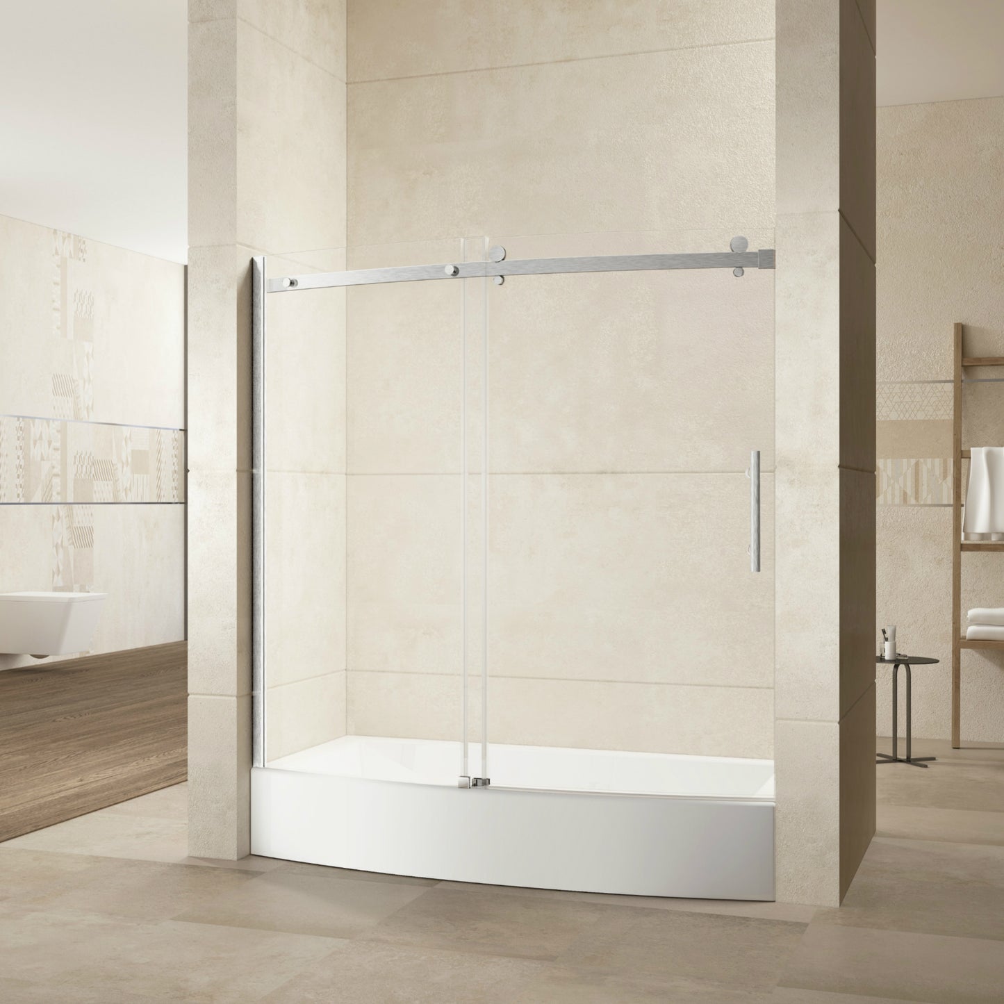 TRUSTMADE Frameless Curved Bathtub Shower Doors 60" Width x 58" Height with 1/3"(8mm) Clear Tempered Glass Finish, K07N-1