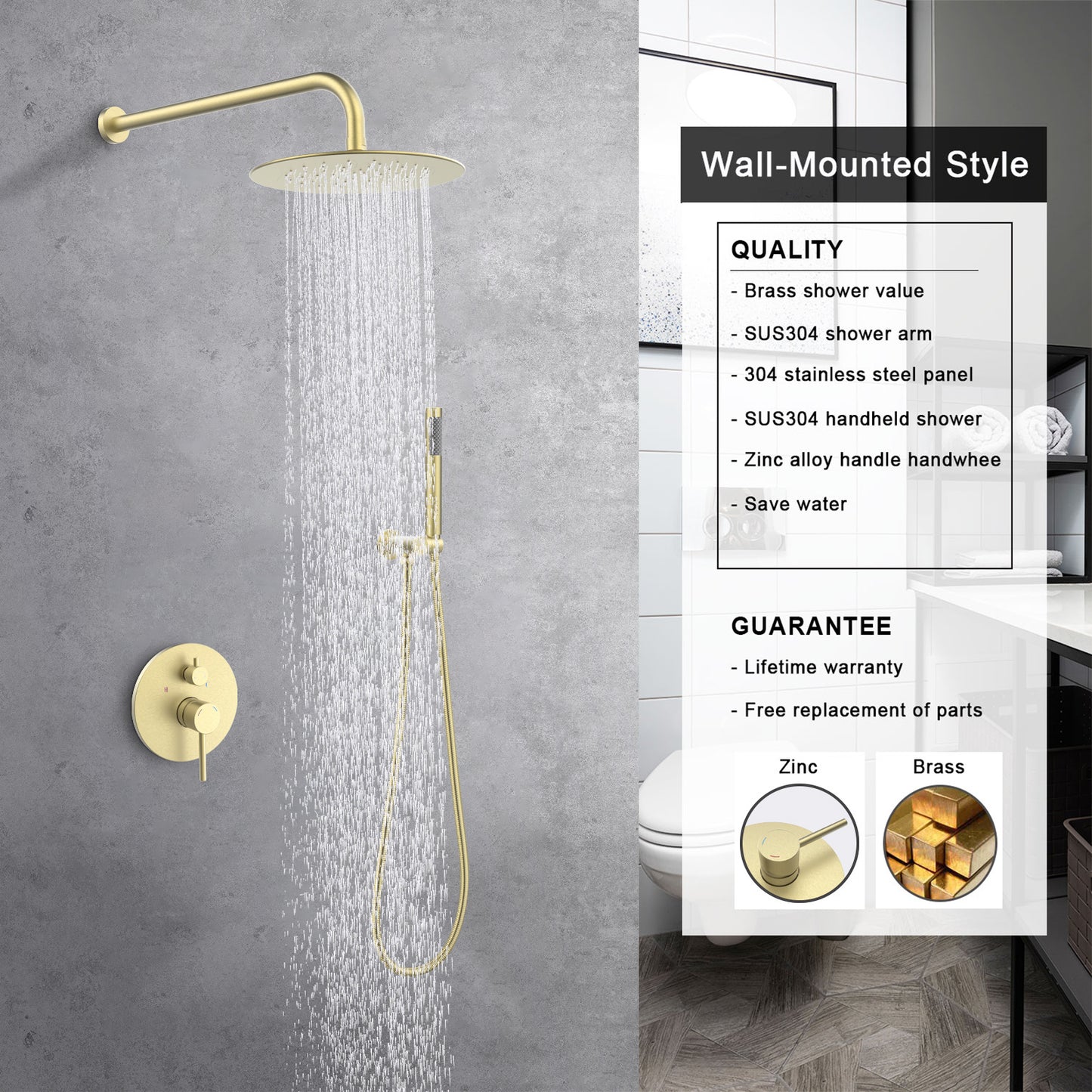 Shower System Shower Faucet Combo Set Wall Mounted with 10" Rainfall Shower Head and handheld shower faucet, Brushed Gold Finish with Brass Valve Rough-In