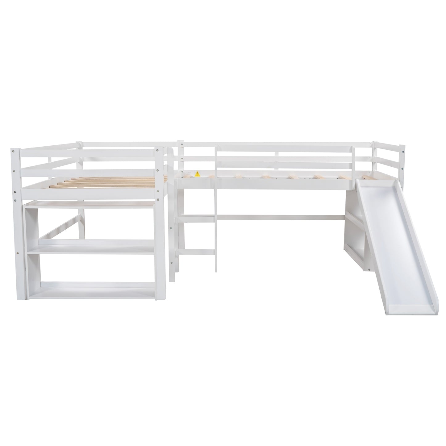 Twin Size L-Shaped Loft Bed with Movable Two-Tier Shelves and Slide,White