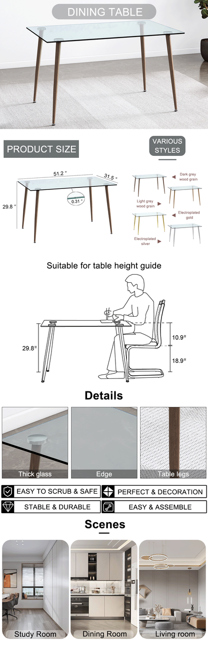 Modern Rectangular Glass Dining Table for 4-6 with 0.31" Tempered Glass Tabletop and Dark woodcolor Powder Coating  Metal Legs, Writing Table Desk,for Kitchen Dining Living Room, 51" W x 31"D x 30" H