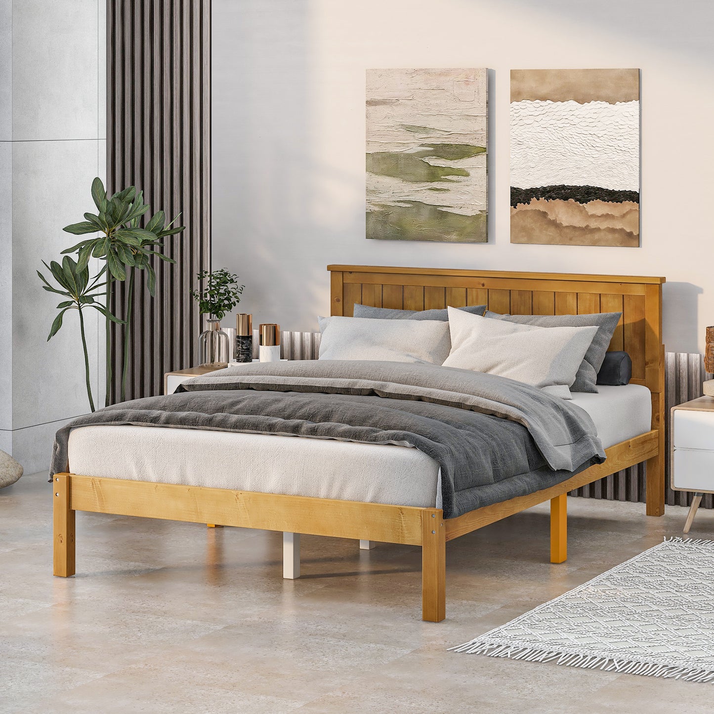 Platform Full Bed with Headboard,Light Brown