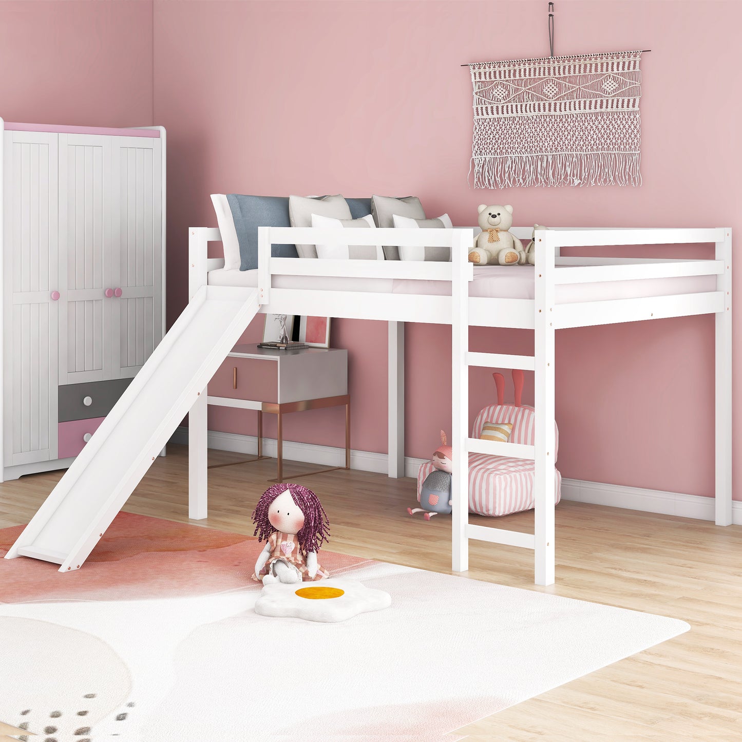 Loft Bed with Slide, Multifunctional Design, Full (White)(OLD SKU :WF281157AAK)