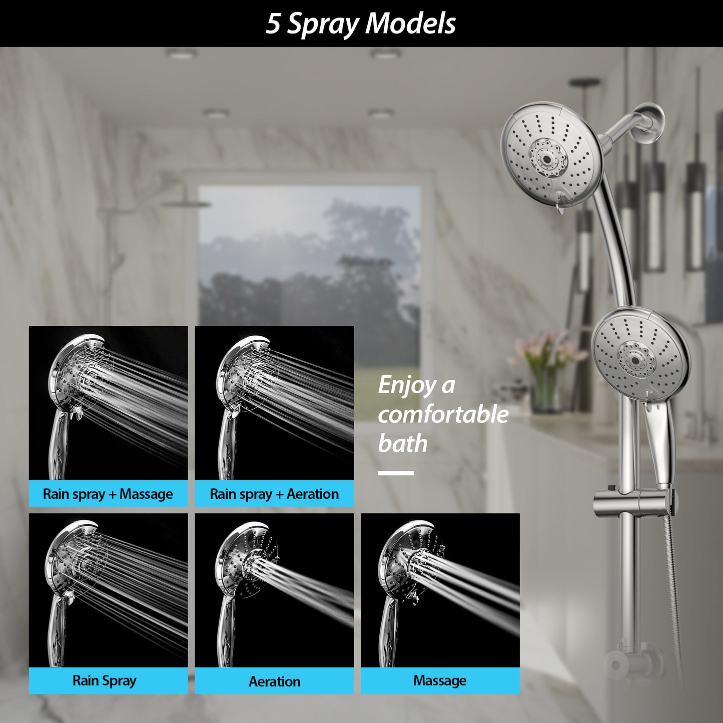 Multi Function Dual Shower Head, with Adjustable Slide Bar,Chrome