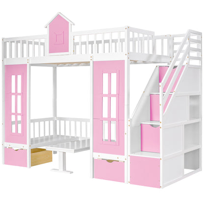 Twin-Over-Twin Bunk Bed with Changeable Table , Bunk Bed  Turn into Upper Bed and Down Desk with 2 Drawers - Pink