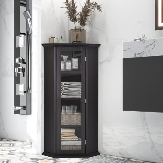 Freestanding Bathroom Cabinet with Glass Door, Corner Storage Cabinet for Bathroom, Living Room and Kitchen, MDF Board with Painted Finish, Black Brown