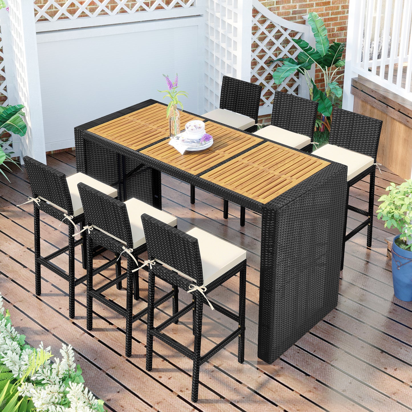 TOPMAX Outdoor Patio 7-Piece Rattan Dining Table Set, PE Wicker Bar Furniture Set with Wood Tabletop and 6 Dining Chairs for Backyard, Garden, Black Rattan+Beige Cushion