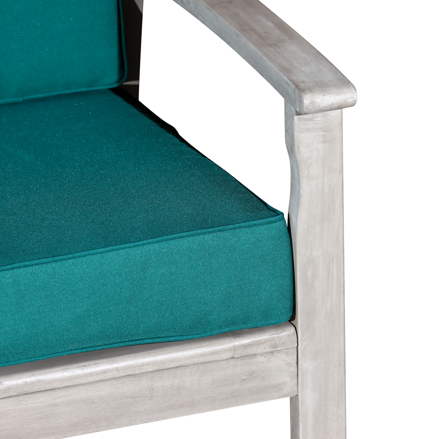 Eucalyptus Loveseat with Cushions, Silver Gray Finish, Dark Green Cushions