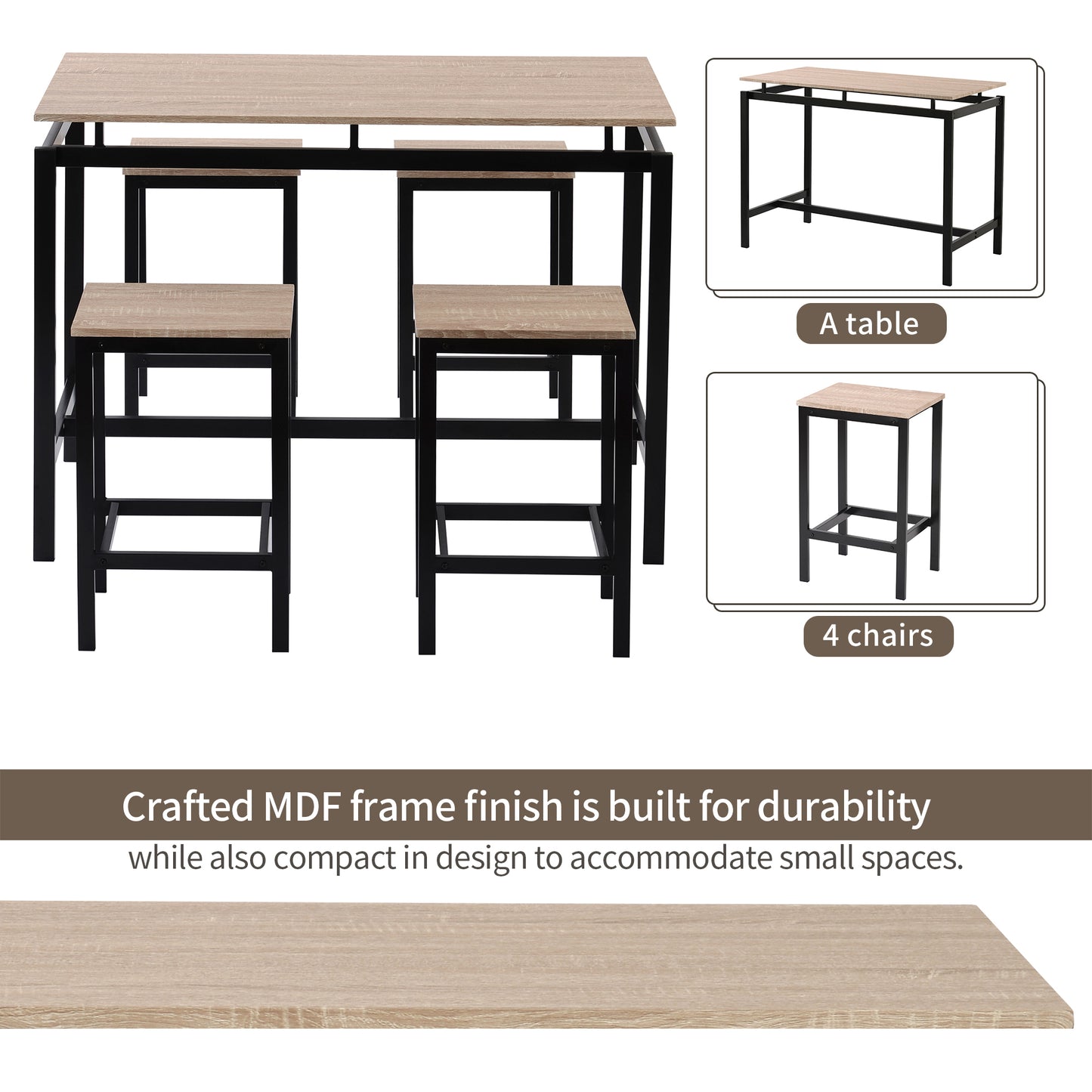 TREXM 5-Piece Kitchen Counter Height Table Set, Industrial Dining Table with 4 Chairs (Oak)