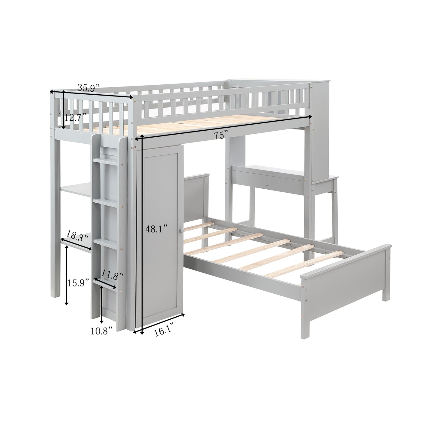 Twin Size Loft Bed with Closet and Desk, Extra Bottom Twin Bed, Grey