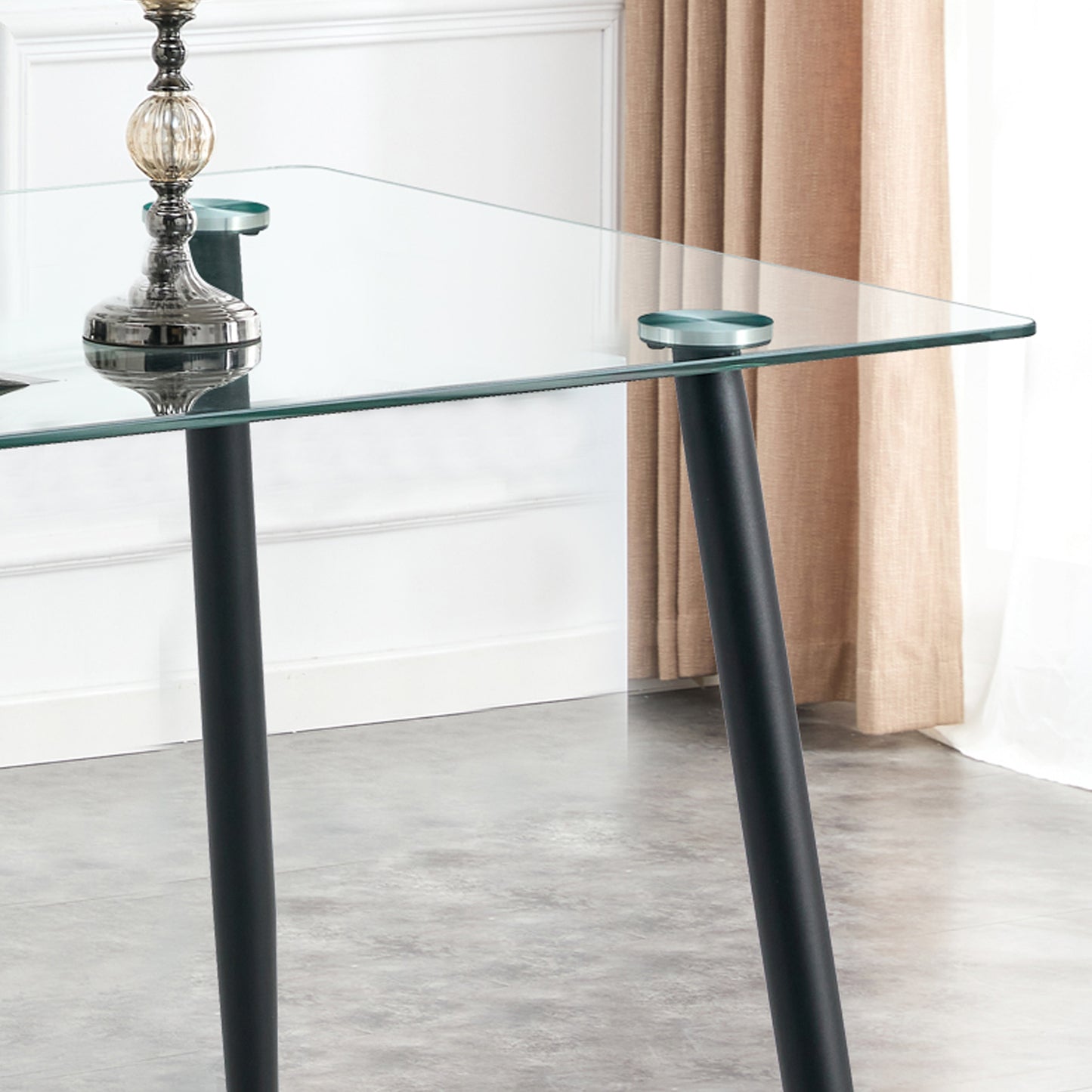 Modern Minimalist Rectangular Glass Dining Table for 4-6 with 0.31" Tempered Glass Tabletop and Black Coating Metal Legs, Writing Table Desk, for Kitchen Dining Living Room, 47" W x 31"D x 30" H