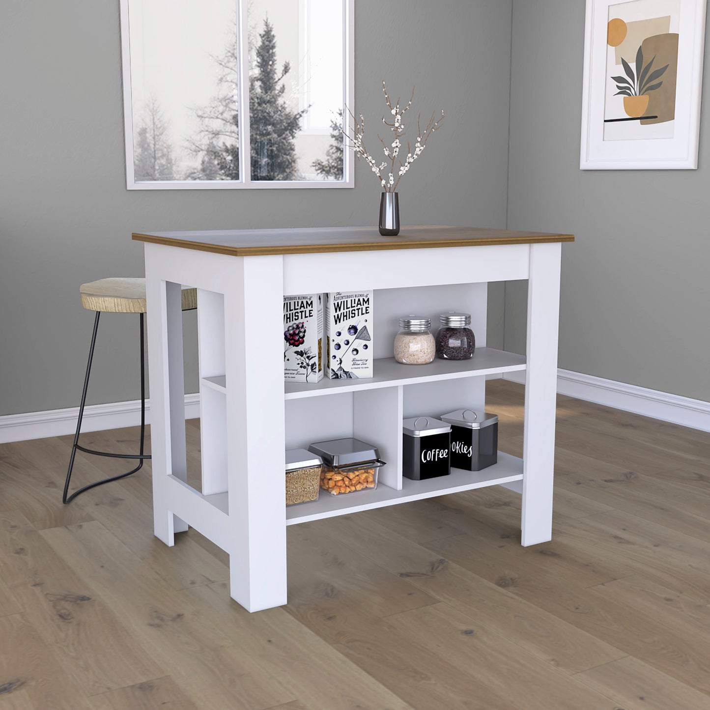 Kitchen Island Dozza, Three Shelves, White / Walnut Finish