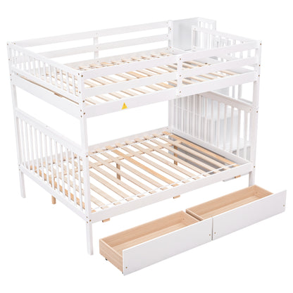 Full Over Full Bunk Bed with 2 Drawers and Staircases, Convertible into 2 Beds, the Bunk Bed with Staircase and Safety Rails for Kids, Teens, Adults, White