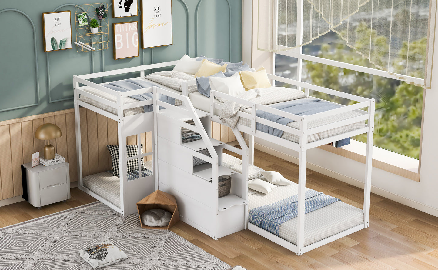 Twin over Twin L-Shaped Bunk Bed with Built-in Middle Staircase,White