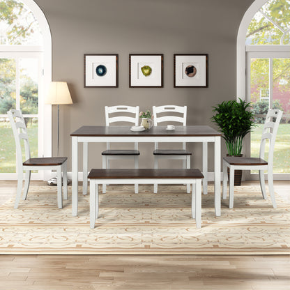 TOPMAX 6 Piece Dining Table Set with Bench, Table Set with Waterproof Coat, Ivory and Cherry